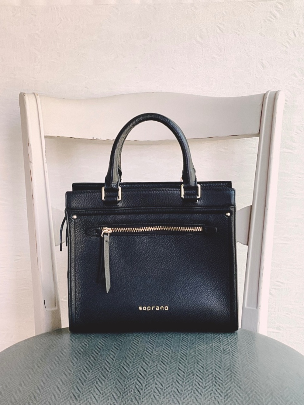 Soprano Aubrey Black Leather Satchel Crossbody Top Handle Gold-Tone Hardware